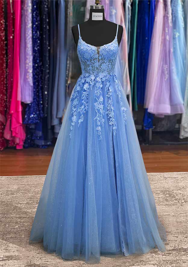 Bateau Sleeveless Tulle Long Prom Dress with Appliqued