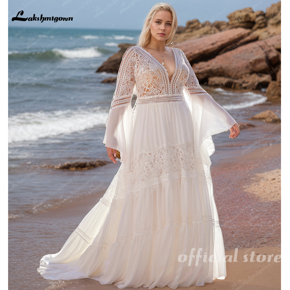 Beach High Neck Chiffon A Line Wedding Dresses Open Back Lace Top Long Women Wedding Gowns