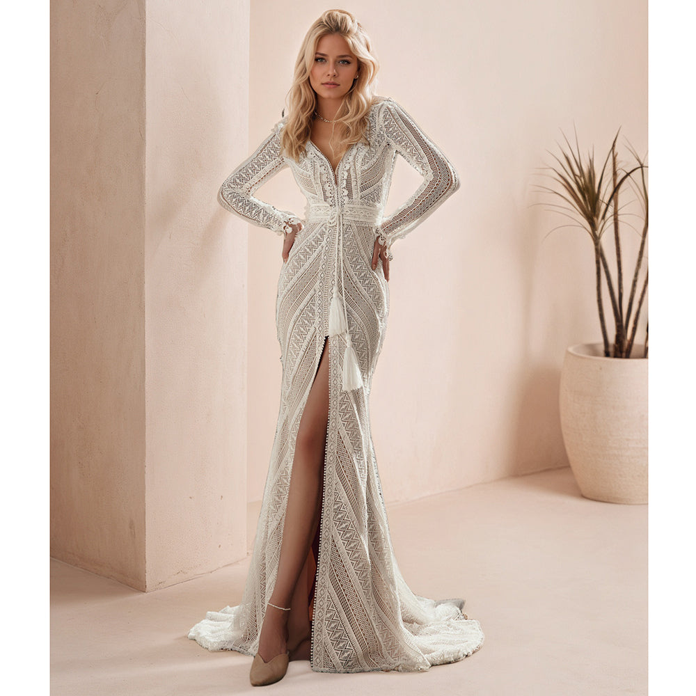 Long Sleeve Lace Bohemian Wedding Dress