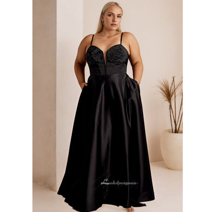 Plus Size Embellished Bodice Satin Ball Gown Black Evening Dresses HCM014