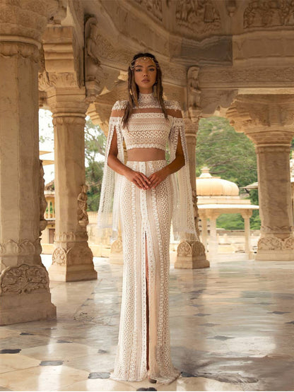 Deux pièces col haut bohème une ligne robes de mariée en dentelle