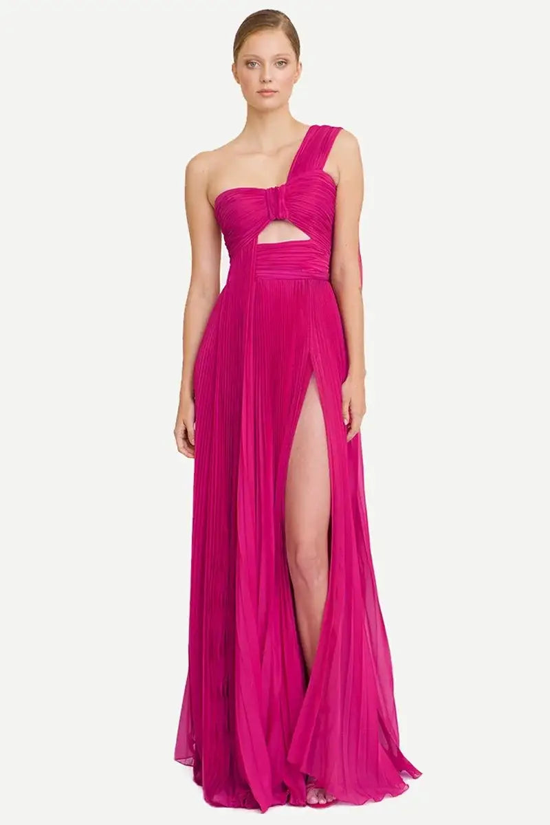 Fuchsia Pleated A-Line Prom Dress With Split