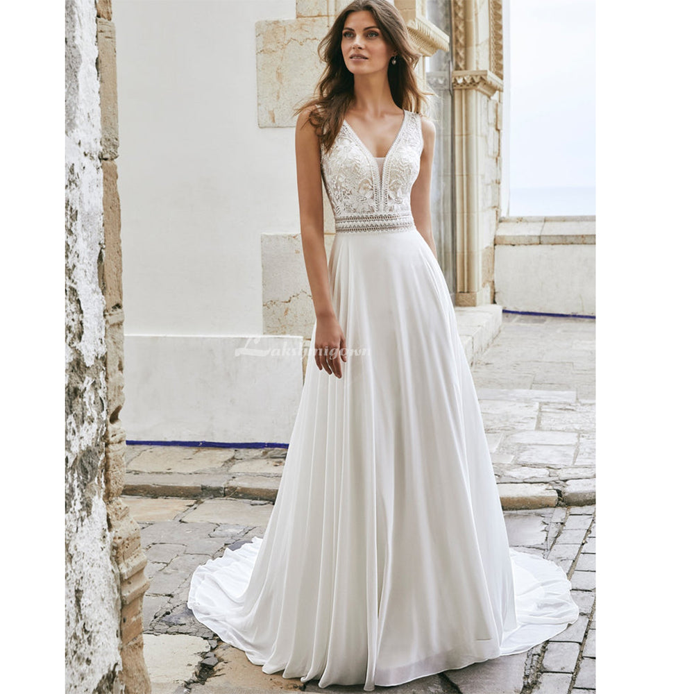 Boho V-Neck Lace Chiffon Wedding Dress with Detachable Jacket
