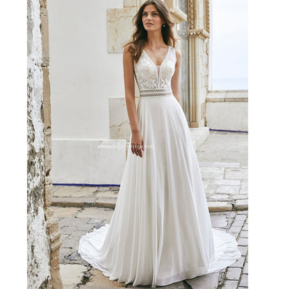 Boho V-Neck Lace Chiffon Wedding Dress with Detachable Jacket