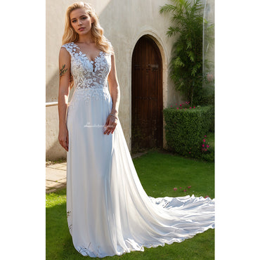 Boho Lace Chiffon V-Neck Wedding Dresses with Cap Sleeve