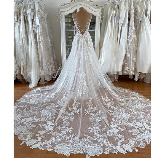 Spaghetti Straps Lace Wedding Dress Sexy Bridal Tulle Boho Wedding Gown