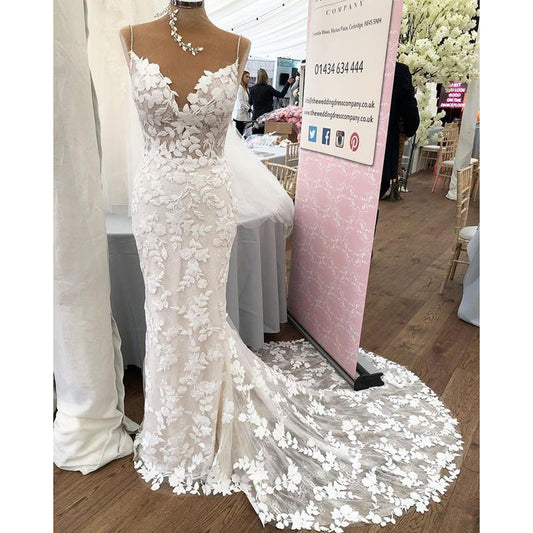 Plunging V Bohemian Mermaid Wedding dress Lace Bridal Gown