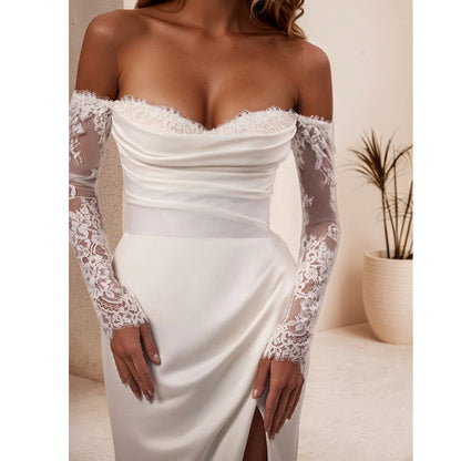 Long Sleeves Mermaid Wedding Dresses Off Shoulder Satin Bridal Gown