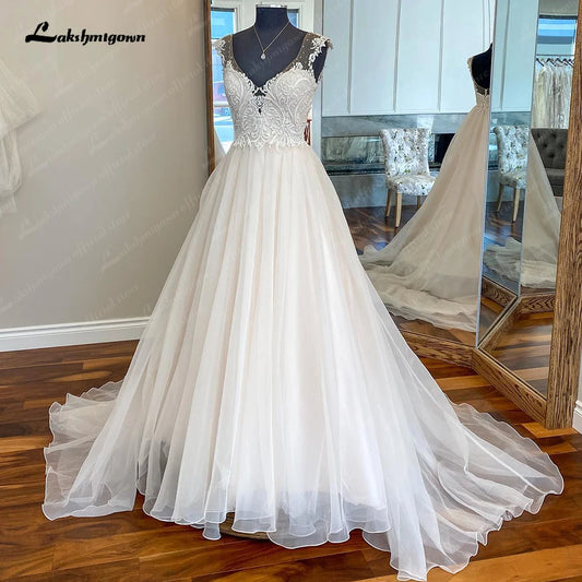 V-Neck Bead Cap Sleeve A line Wedding Dresses Appliques Organza Skirt Sexy Back Wedding Gowns