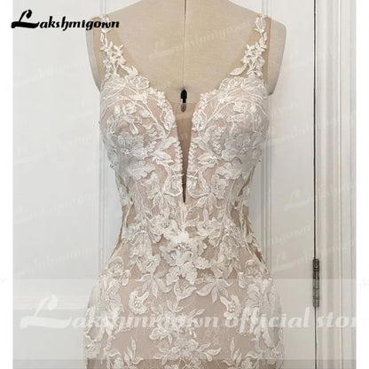 V Neck Illusion Court Train Boho Mermaid/Trumpet Wedding Dress