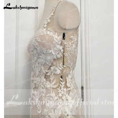 V Neck Illusion Court Train Boho Mermaid/Trumpet Wedding Dress