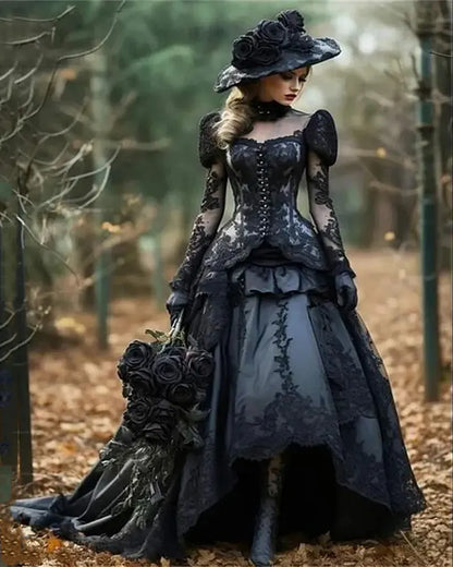 Medieval Black Gothic Wedding Dresses Long Sleeves Lace Appliques High Low A-Line Wedding Gowns