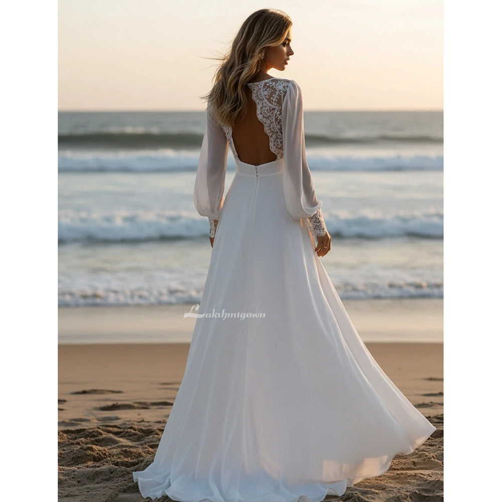 Long Puffy Sleeve Chiffon Beach Wedding Dress
