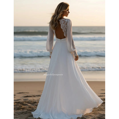 Long Puffy Sleeve Chiffon Beach Wedding Dress