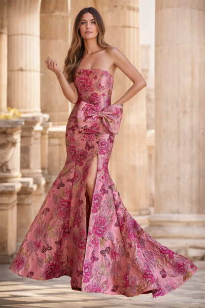Rose Gold Print Floral Mermaid Prom Dress with Bow