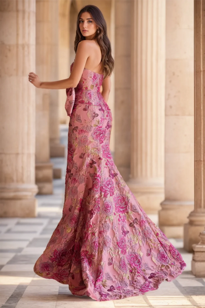 Rose Gold Print Floral Mermaid Prom Dress with Bow