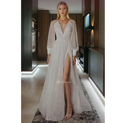 Sequins Deep-V Back Illusion Long Sleeve Wedding Dress