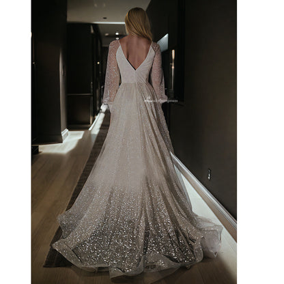 Sequins Deep-V Back Illusion Long Sleeve Wedding Dress