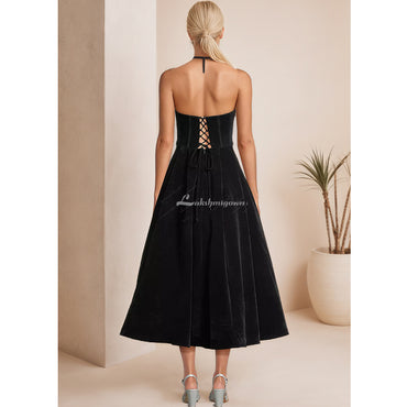 Plus Size Velvet Tea-Length Dress with Lace-Up Back HCM011