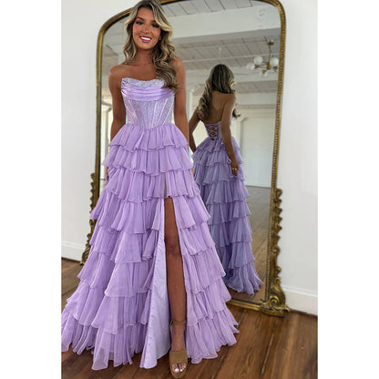 فساتين حفلة التخرج متعددة الطبقات من الشيفون بدون أكتاف برقبة قلب مع شق