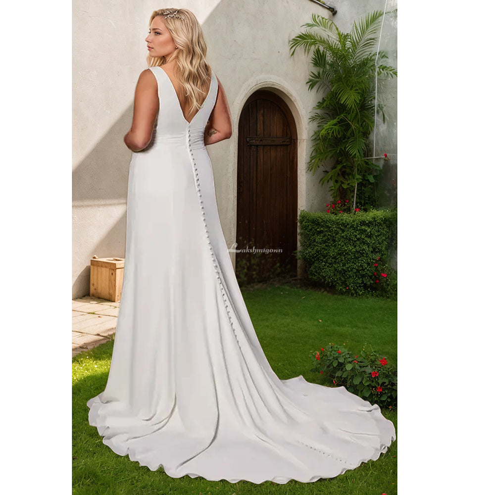 Double V-Neck Chiffon Plus Size Mermaid Wedding Dress with Side Split
