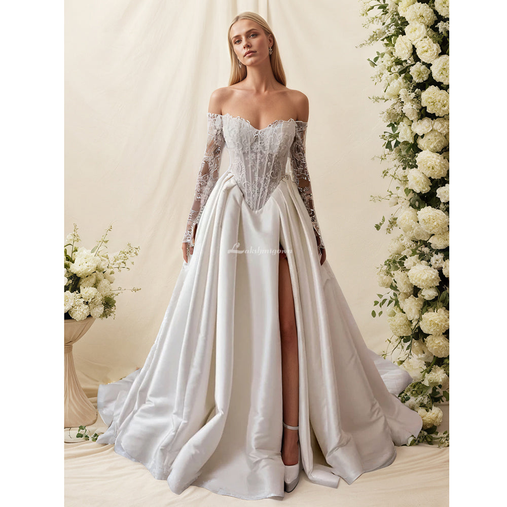 サイドスリット付きフルスリーブオフショルダーサテンAラインウェディングドレス