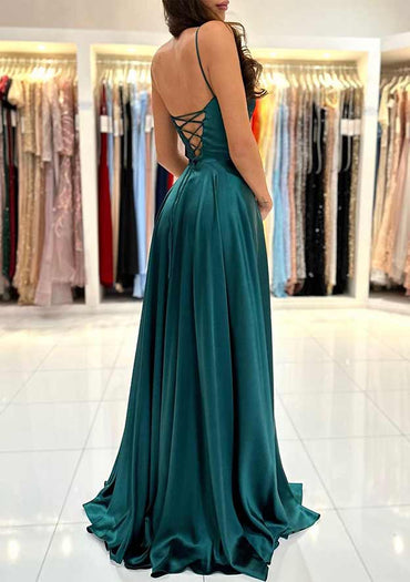 Spaghetti Straps Square Neckline Sweep Train Charmeuse Prom Dress With Split