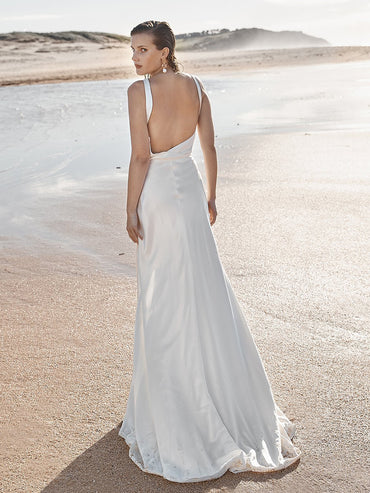 Deep V-Neck Backless Sleeveless High Slit Wedding Dress with Train