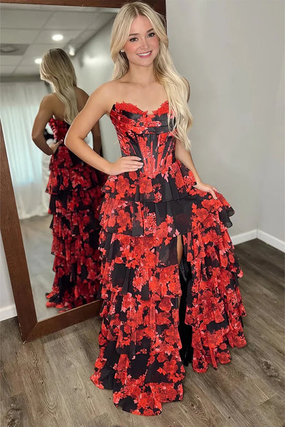 Red Strapless A Line Floral Ruffled Prom Dresses With Slit