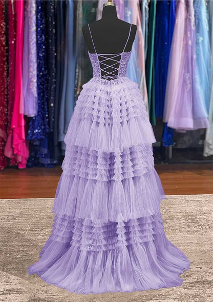 Spaghetti Straps Tulle Prom Dress with Ruffles