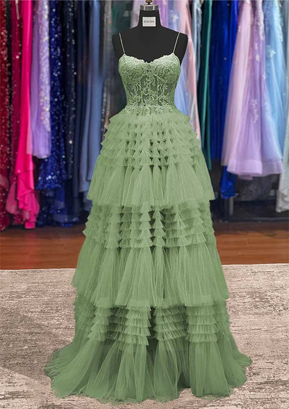 Spaghetti Straps Tulle Prom Dress with Ruffles