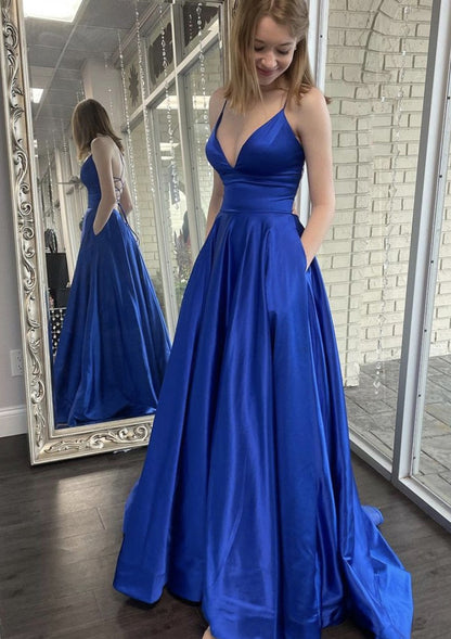 Royal Blue V-Neck Prom Dresses with Pocket