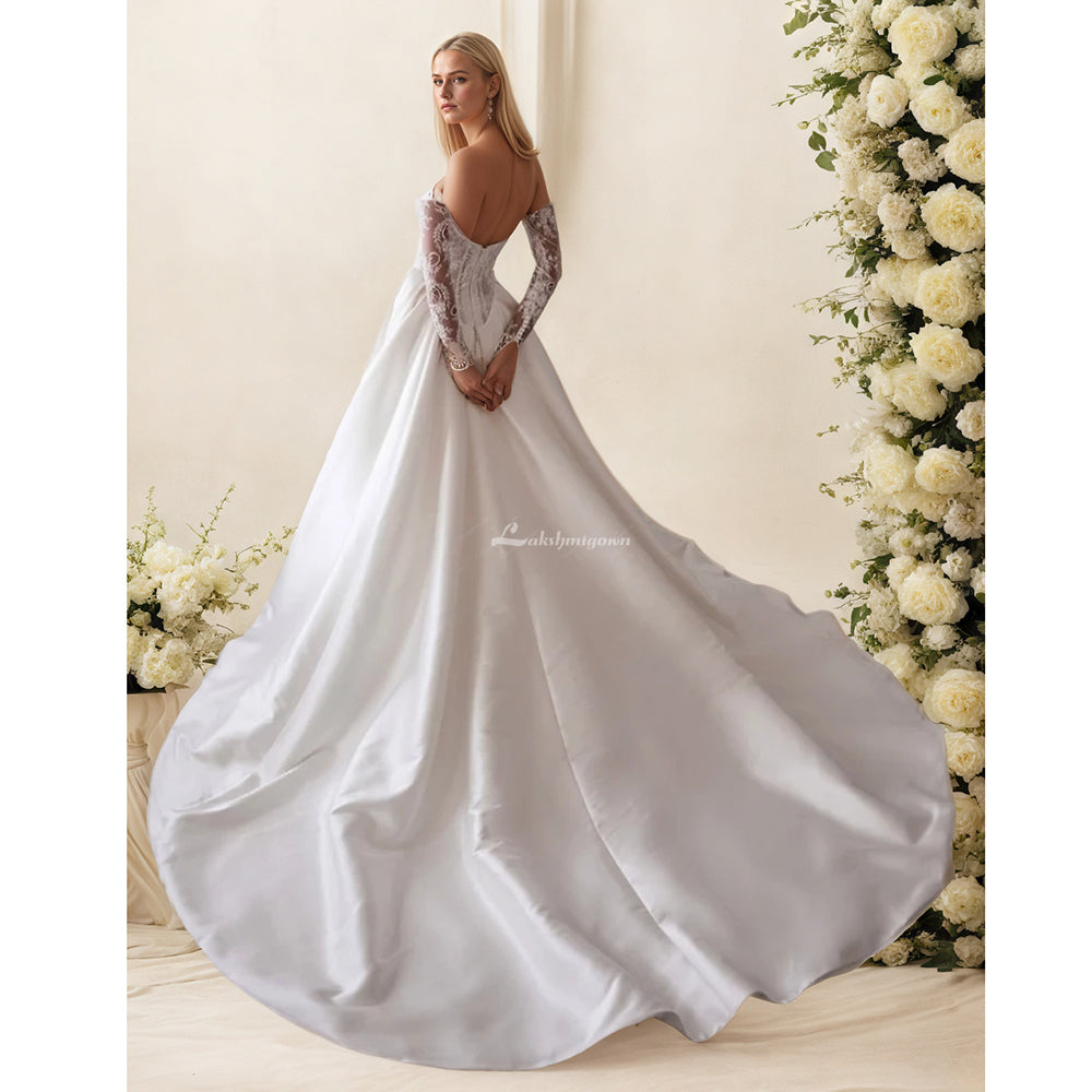 サイドスリット付きフルスリーブオフショルダーサテンAラインウェディングドレス