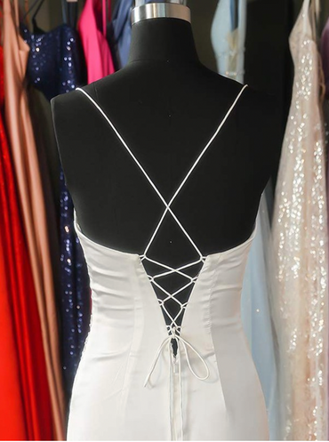 Satin Mermaid Spaghetti Straps Pleated Long Prom Dress with Slit