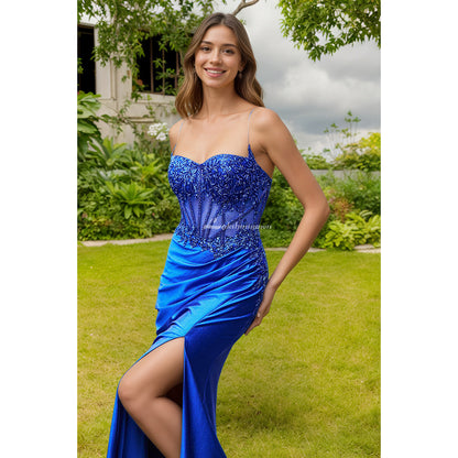 Royal Blue Spaghetti Straps Mermaid Prom Dress With Split