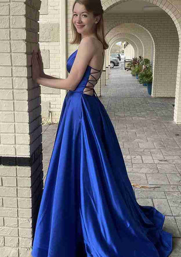 Royal Blue V-Neck Prom Dresses with Pocket