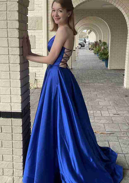 Royal Blue V-Neck Prom Dresses with Pocket