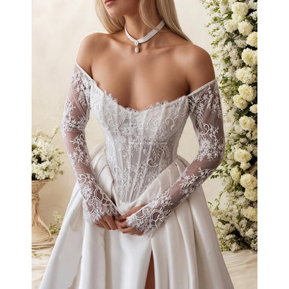 サイドスリット付きフルスリーブオフショルダーサテンAラインウェディングドレス