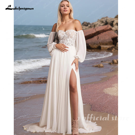 Off the Shoulder Lace Chiffon Split Side Boho A Line Wedding Dress Long Puff Sleeve Appliques Beach Bridal Gown