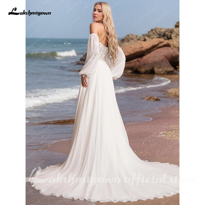 Off the Shoulder Lace Chiffon Split Side Boho A Line Wedding Dress Long Puff Sleeve Appliques Beach Bridal Gown