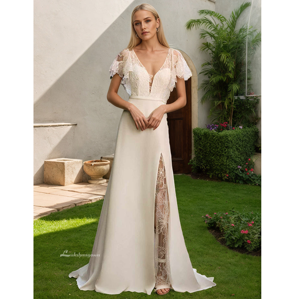 Böhmisches Brautkleid in A-Linie mit Spitze, V-Ausschnitt, rückenfreie Applikation, kurze Ärmel, Satin-Brautkleid