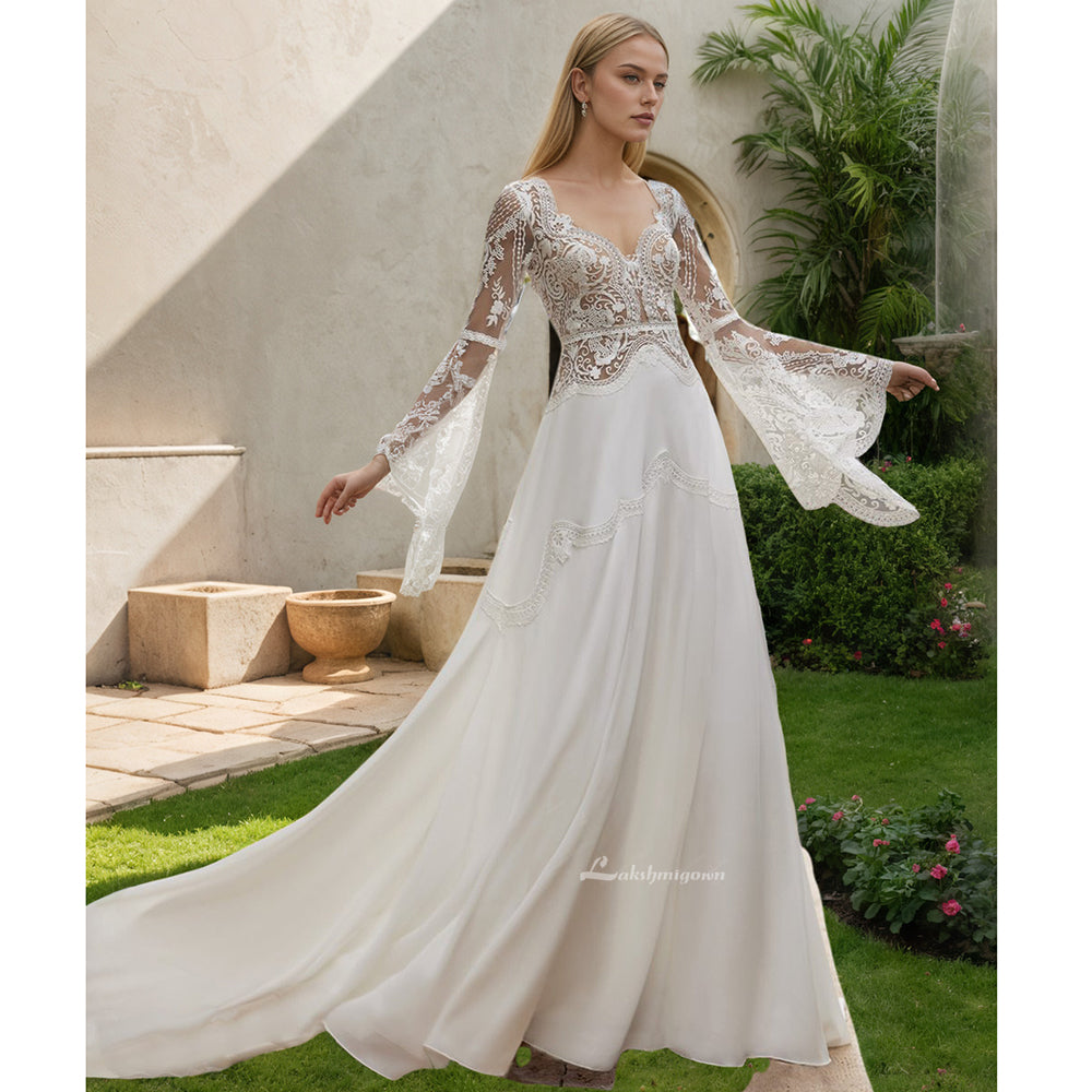 Robe de mariée bohème en mousseline de soie, ligne A, col en V, manches longues évasées, avec des Appliques en dentelle