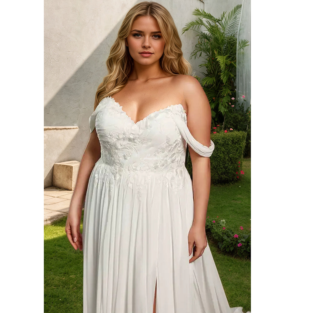 Vestido de novia con apliques de encaje y flores de talla grande con abertura lateral