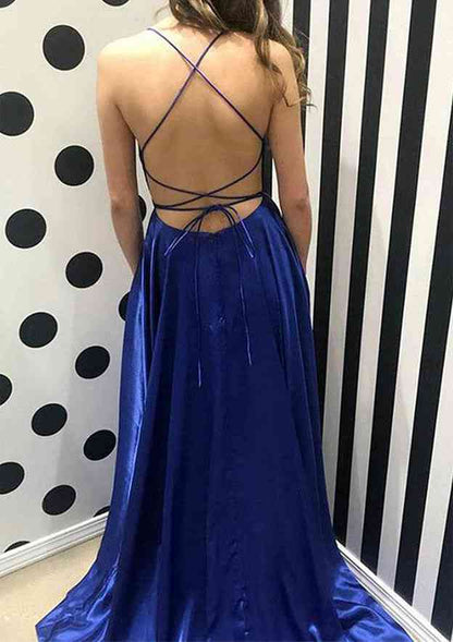 Royal Blue A-line Bateau Sweep Train Prom Dress With Split