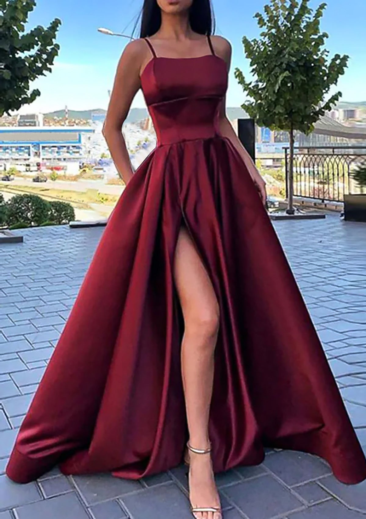 Square Neckline Long Satin Prom Dress With Split Pockets