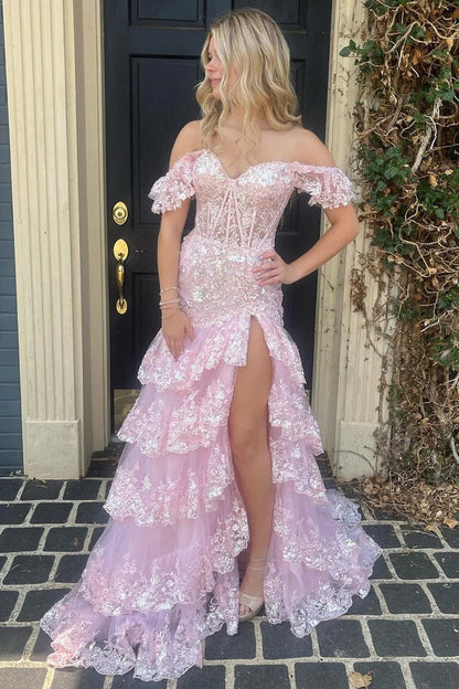 Sheath Off the Shoulder Long Lace Prom Dress with Lace-up Back