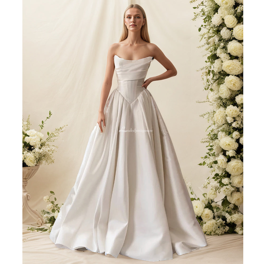 Satin Strapless Wedding Dresses with Pleated