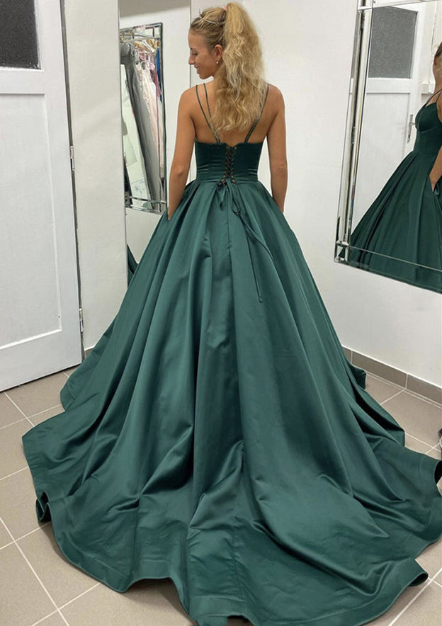 Ball Gown Green Satin Prom Dress With Pleated Pockets