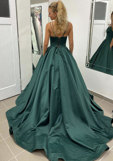 Ball Gown Green Satin Prom Dress With Pleated Pockets