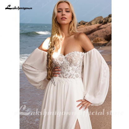 Off the Shoulder Lace Chiffon Split Side Boho A Line Wedding Dress Long Puff Sleeve Appliques Beach Bridal Gown